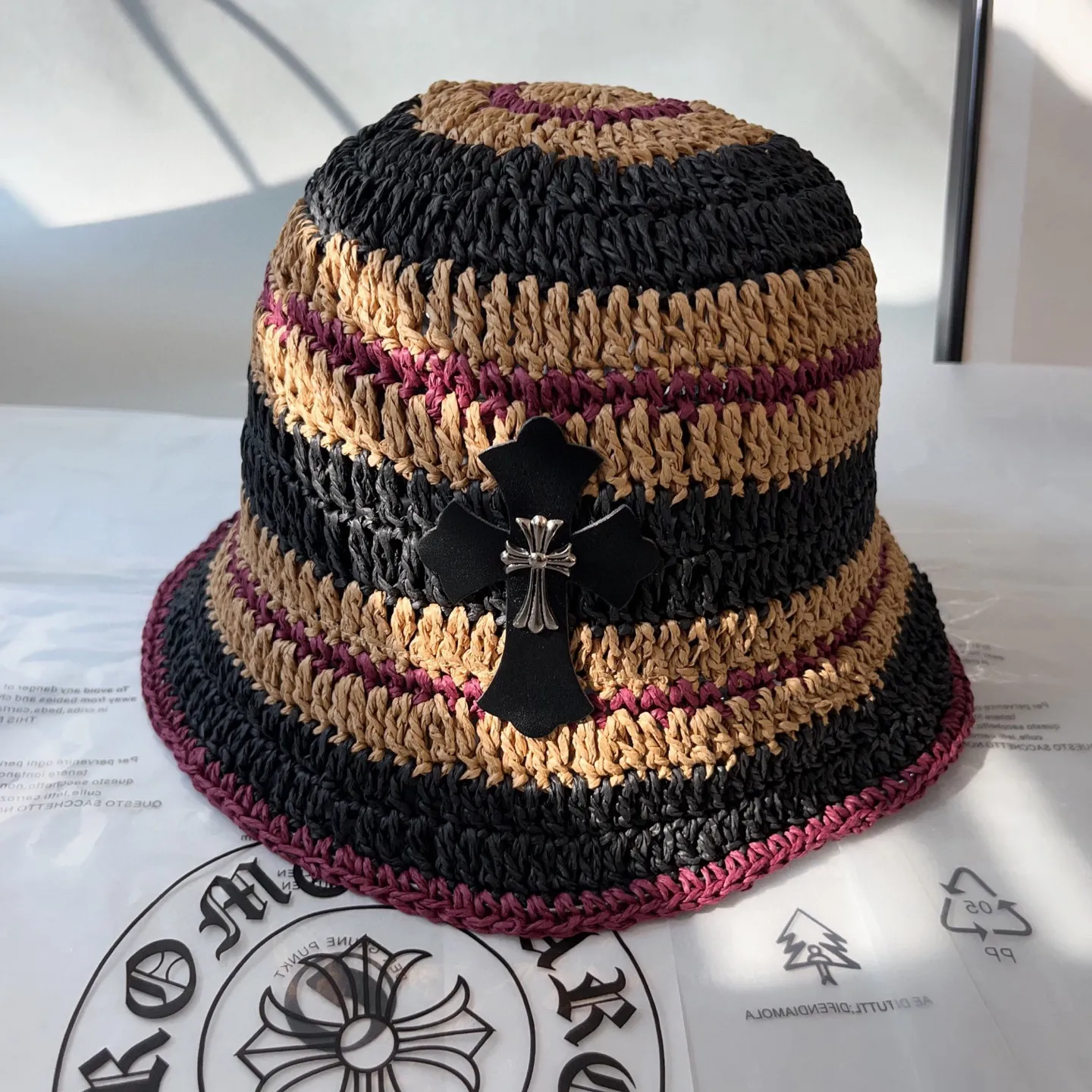 2⃣️5⃣Spring and summer new style️ꫛꫀꪝ❥—— 🖤Crow heart cross logo straw hat 🆕Khaki blue 👌Hand-woven raffia 👒Head circumference 55～58cm